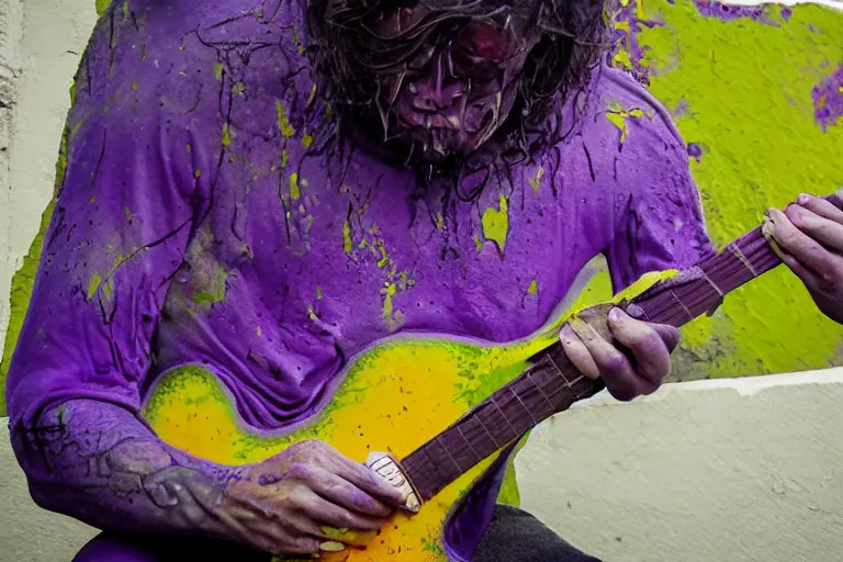 Prompt: dripping purple faded paint across the shape of a human playing guitar, realistic, extremely detailed, coming out of the mystical wall