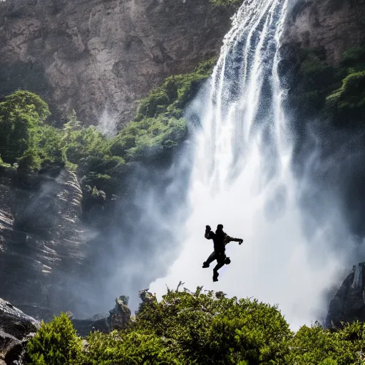 Image similar to man with sword jump of the cliff in front of the waterfall, a close shot from huge dragon, realistic shot, sci - fi, superhero, 8 k, unreal