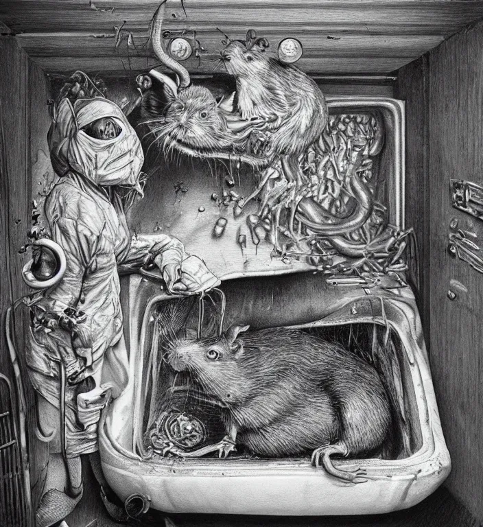 Prompt: woman puts a big rat in the oven 90s by Laurie Lipton, high detailed, realistic,dark surrealism, hyper detailed