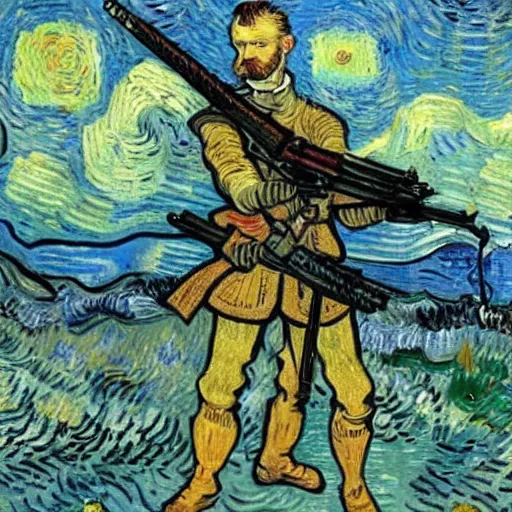 Image similar to a knight, shooting a dragon with an ak-47, by Van Gogh