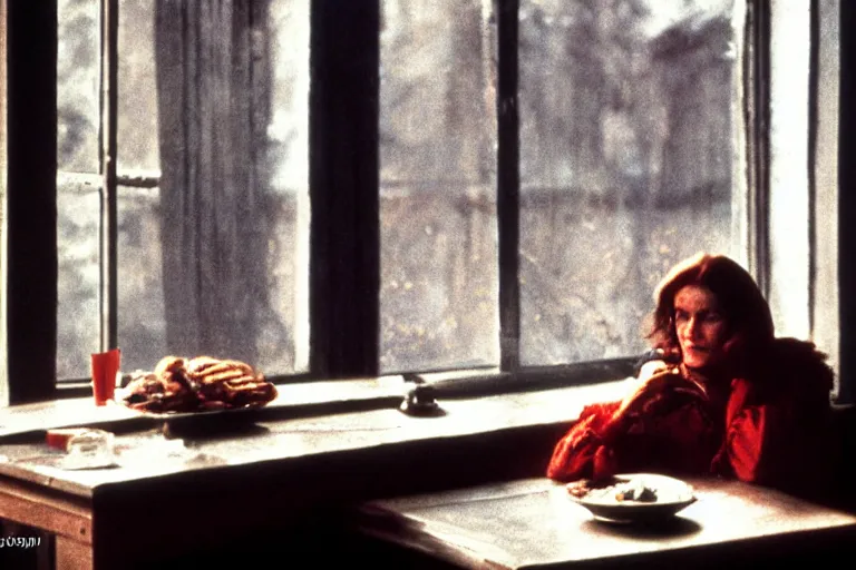 Image similar to soviet movie still a soviet woman sitting at a table next to the window with food, dark warm light, a character portrait by margarita terekhova, movie stalker solaris film still by andrei tarkovsky, 8 k, 1 9 8 4, close - up bokeh, gelios lens, color, noir