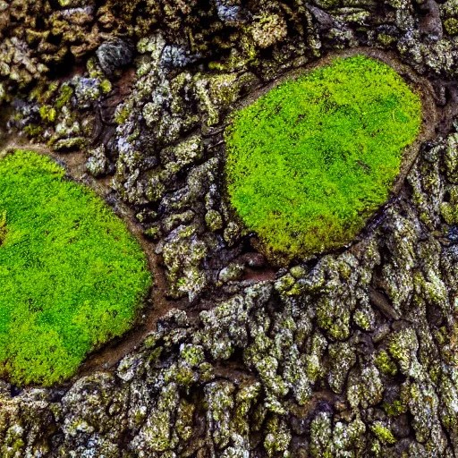 Image similar to rock wall covered with moss. dew droplets forming the shape of a dachshund. macro photography