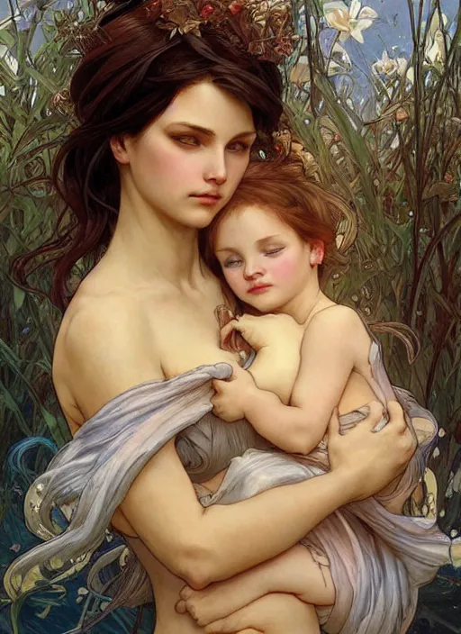 Prompt: a mermaid mother cradling her newborn baby, beautiful painting by artgerm and greg rutkowski and alphonse mucha