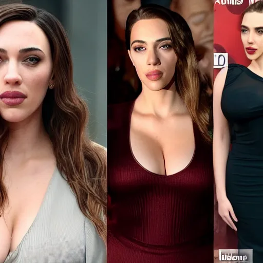 Image similar to a woman who is a genetic combination of kim kardashian and kat dennings and scarlett johansson and margot robbie and emma watson, face and upper - body focus