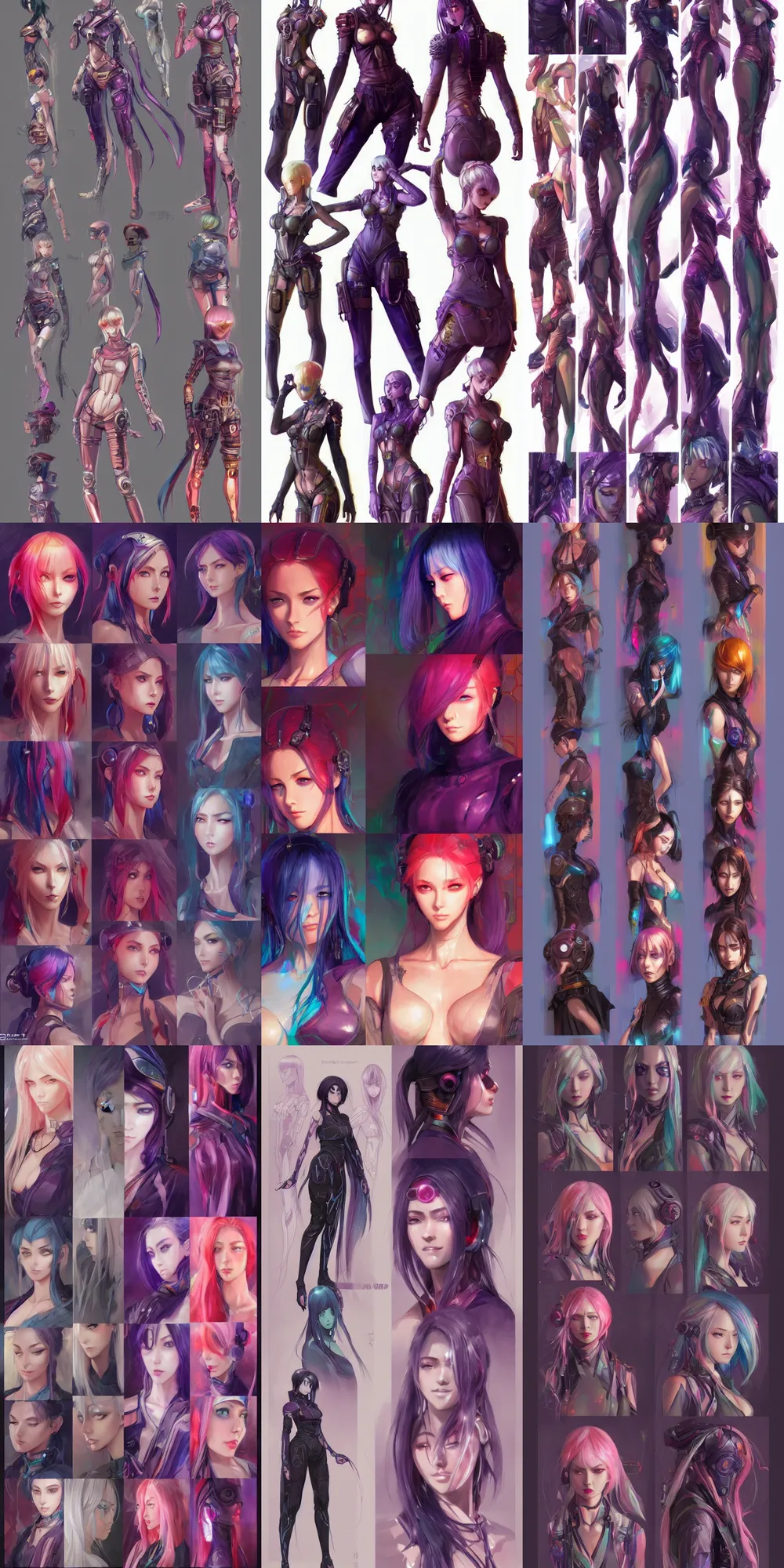 Prompt: colorful concept character sheet, beautiful anime style alluring women with a gorgeous symmetrical faces and bodies, cyberpunk, sci - fi, fantasy, intricate, elegant, highly detailed, digital painting, artstation, concept art, smooth, sharp focus, illustration, beautiful light and shadows, art by artgerm and greg rutkowski and krenz cushart