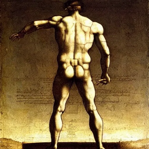 Prompt: atlas holding the world in his back painted by leonardo da vinci