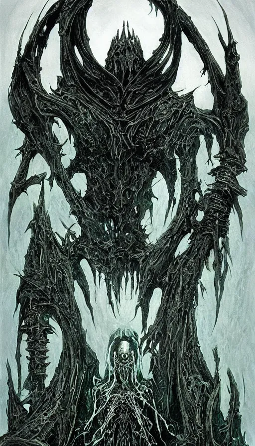 Image similar to Lord of the Rings themed painting of symmetrical torso black and emerald Ringwraith Nazgul armor with extended evil armored hands concept, intricate artwork by H.R. Giger, Johnatan Wayshak, Zdizslaw Beksinski, Ayami Kojima, Amano, Karol Bak, Moebius, and Mark Brooks, Neo-Gothic, gothic, rich deep colors, art by Takato Yamamoto, masterpiece, face by Artgerm, very coherent artwork, cinematic, hyper realism, high detail, octane render, unreal engine, 8k, High contrast, golden ratio, trending on cgsociety