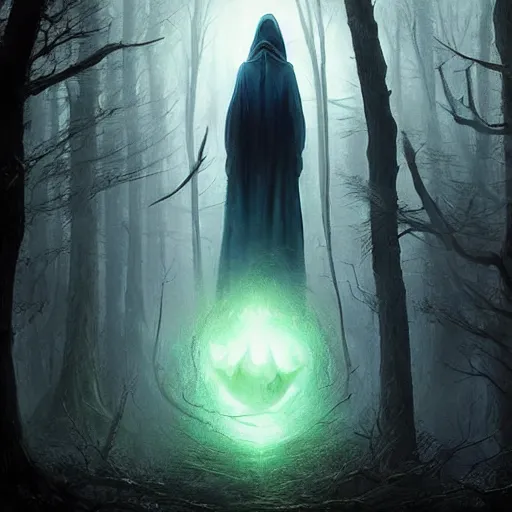 Prompt: ''cinematic shot'' dark hooded mage ( spectre ) using his magic to create zombies in the dead forest with leaves falling simetrical 8 k atmosferic realistic made by ivan aivazovsky, peter mohrbacher, greg rutkowski volumetric light effect broad light oil painting painting fantasy art style sci - fi art style realism premium prints available artwork unreal engine