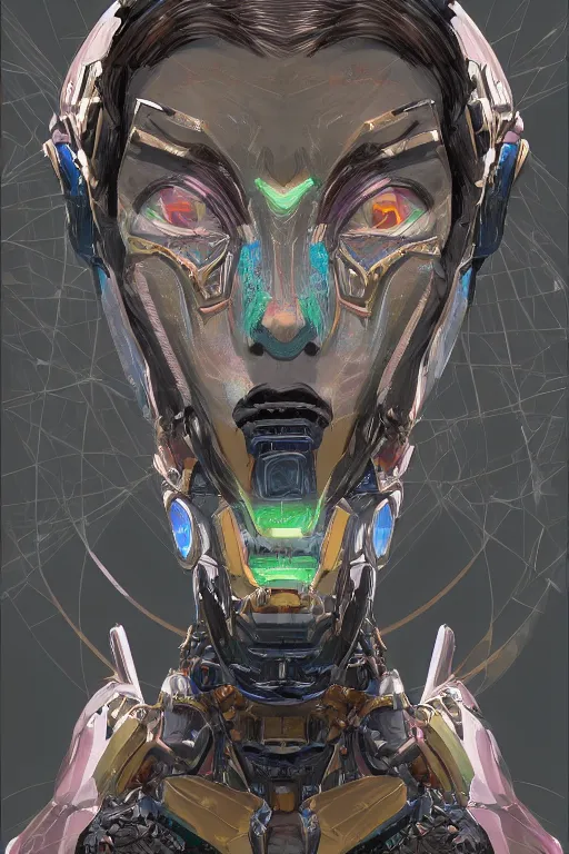 Image similar to portrait of jewel mecha-orc oracle physically accurate, moody dynamic lighting, very very intricate, very very elegant, highly detailed, digital painting, artstation, in the style of Rob Lefield and Dan Mumford , trending on artstation, digital art,surrealism ,macro,blueprint ,vaporwave ,