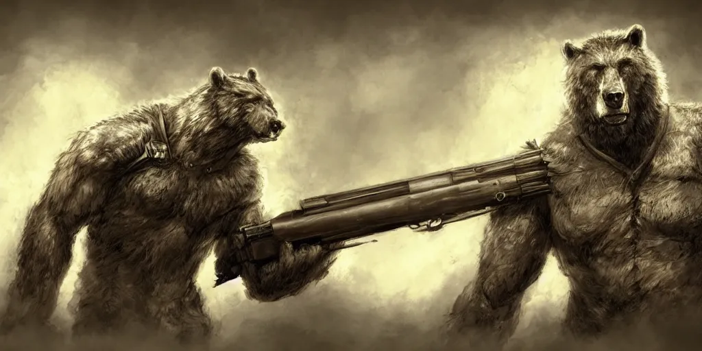 Image similar to Full body concept art of A High fantasy WW1 bear beast-man firing a enchanted heavy shotgun trending on artstation deviantart Pinterest detailed High Resolution HD 8k