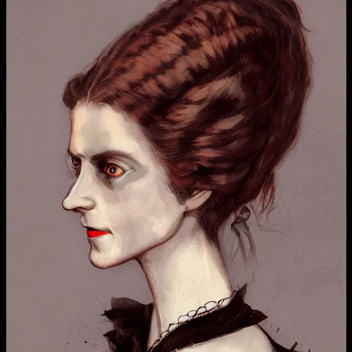 Image similar to head and shoulder professional portrait of a victorian female vampire, painted in the style of bloodborne, muted colors, vampire fashion, highly detailed, melancholy, vampire teeth