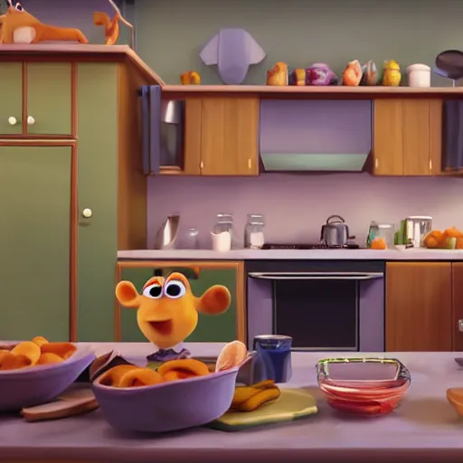 Image similar to pixar animals doing the dishes in the kitchen, Cinecolor, 32k, Ray Tracing Global Illumination