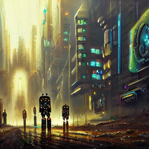 Image similar to beautiful detailed religious oil painting of robots with halos in a cyberpunk wasteland