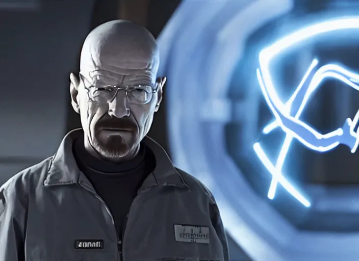 Image similar to film still of Walter White as Gordan Freeman wearing a black HEV suit with a lambda logo in front with a glowing blue portal in the background in the Half Life Movie, 4k