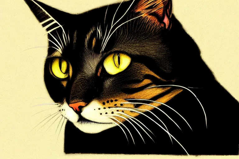 Image similar to color sketch of cat portrait, highly detailed, dramatic lighting, intense shadows, rich deep colours, by roy lichtenstein