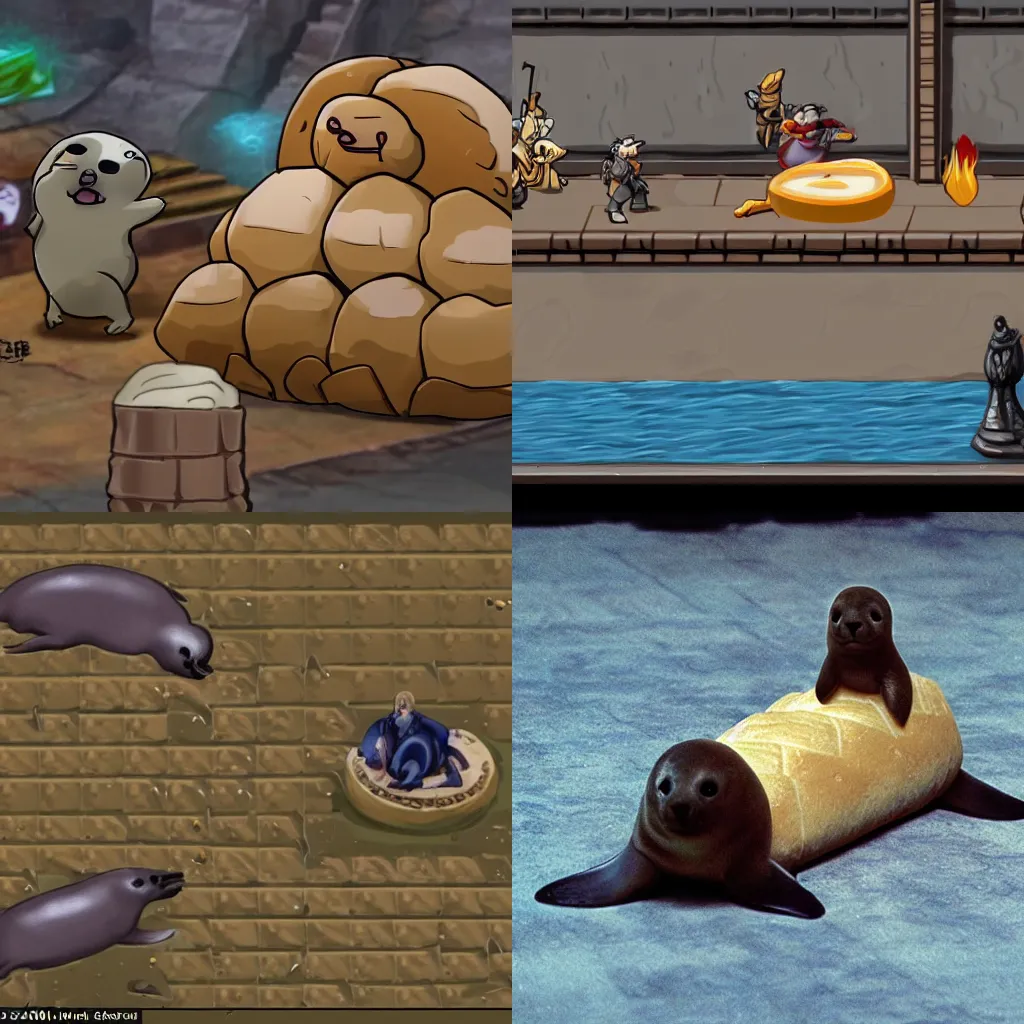 Prompt: action battle sequence of a baby seal disguised as a loaf of bread as the final boss in a final fantasy game