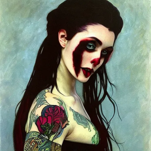 Image similar to A beautiful painting of a lady vampire, colorful arm tattoo, victorian, dracula, ominous, oil on canvas, photorealism, alphonse mucha, caravaggio, irwin penn, high definition, soft light