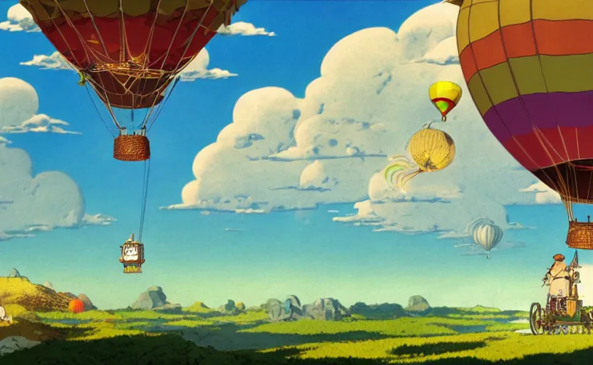 Image similar to a single steampunk hot air balloon flying through the sky with fluffy white clouds and a double rainbow, detailed digital concept art, 4 k movie still, by studio ghibli and winsor mccay