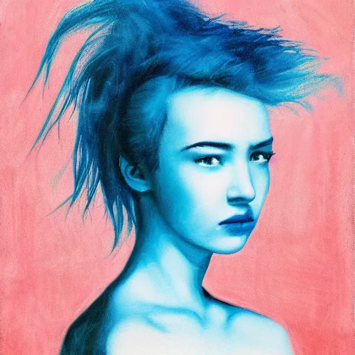 Image similar to portrait of young girl half dragon half human, blue hair, David Lynch