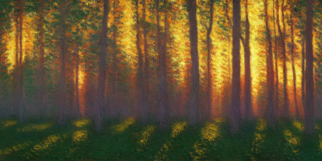 Prompt: An aesthetically pleasing fine art, dynamic, energetic, lively, well-designed digital art of trees inside a forest during sunset, light and shadow, caustics, by Claude Monet, superior quality, masterpiece, excellent use of negative space. 8K, superior detail.