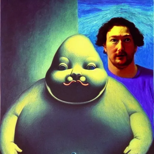 Image similar to Fat chungus zuckerberg recognizes its soul in the mirror - contest-winning artwork by Salvador Dali, Beksiński, Van Gogh, Giger, and Monet. Stunning lighting