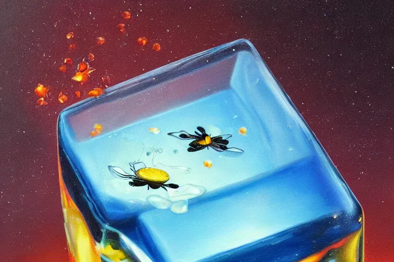 Image similar to hyperrealism oil painting, close - up ice cube with black flowers and fireflies, gradient mixed with nebula sky, in style of baroque