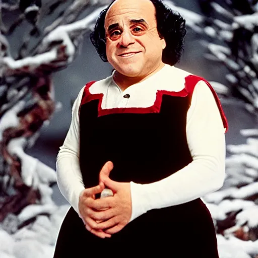 Prompt: danny devito as snow white, photograph