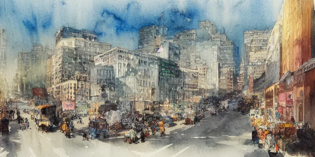 Prompt: a hiper intricate watercolor of a beautifull modern street scene, extremely detailed, sharp focus, low angle wide shot, smooth, digital illustration, colorfull, by william turner art, by greg rutowski, by carl larson, by edmund dulac
