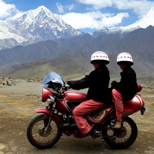 Prompt: Two japanese women riding motorbikes through the Himalayas