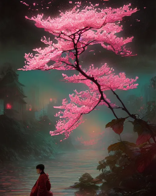 Image similar to one singular matte painting of a wet bioluminescent cherry blossom, highly detailed, digital painting, cinematic, hyper realism, dark retrowave, art by stanley lau and artgem and magali villeneuve and alphonse mucha, artstation, octane renderer, cgsociety