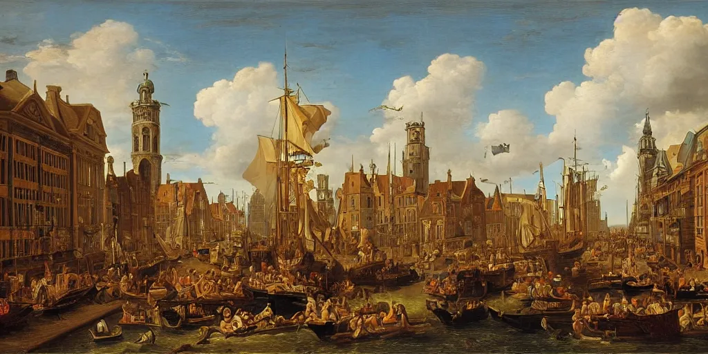 Image similar to the hague, by cornelis van haarlem, mix of styles, dutch golden age, detailed, intricate, treasure planet color scheme, realism, masterpiece