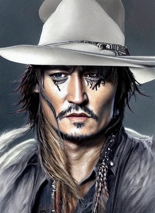 Image similar to John Wayne and Johnny Depp (((fused together))), white glowing eyes, silver shaggy hair, cloak, ethereal wings, male, fantasy, extremely detailed, digital painting, artstation, concept art, smooth, sharp focus, illustration, stunning lighting, art by artgerm and greg rutkowski and alphonse mucha and simon stalenhag, realistic character concept, high fantasy, light atmosphere, golden ratio, cinematic lighting, hyperdetailed, high resolution, insanely detailed and intricate, artstation, Marc Simonetti, Greg Rutkowski, 8k