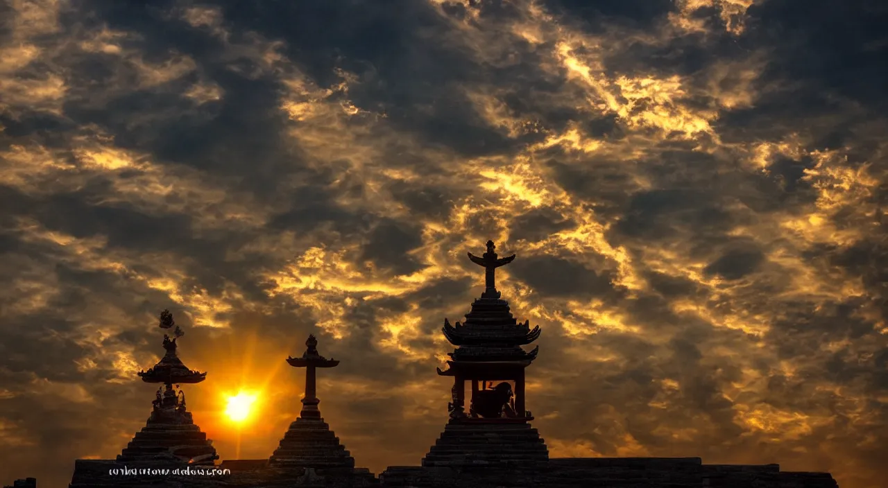 Prompt: Sacrifice to the sun god atop a temple, eerie, intense, dramatic, emotion, cinematic, sunset