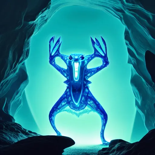 Image similar to ( ghost pokemon ) creature creature in a alaska cave, bioluminescent bioluminescent translucent translucent : : by michal karcz, daniel merriam, victo ngai and guillermo del toro : : ornate, dynamic, particulate, intricate, elegant, highly detailed, centered, artstation, smooth, sharp focus, octane render, 3 d