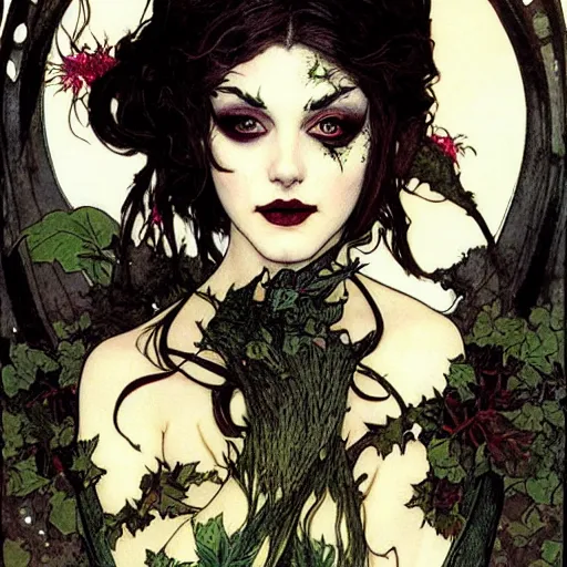 Prompt: a beautiful painting a goth girl dressed as a teenage poison ivy, dark eyeliner, intricate, elegant, highly detailed, digital painting, artstation, concept art, matte, sharp focus, illustration, art by rebecca guay and by arthur rackham and by alphonse mucha and by john william waterhouse