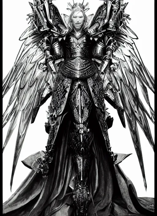 Prompt: pen and ink portrait of cate blanchett as archangel gabriel wearing battle armor looking for camera, glamorous majestic pose, fantastically fierce, highly detailed, black and white, desaturated colors, smooth, intricate line drawings, by craig mullins, wlop, ruan jia, kentaro miura, styled by john howe and allan lee, greg rutkowski, loundraw