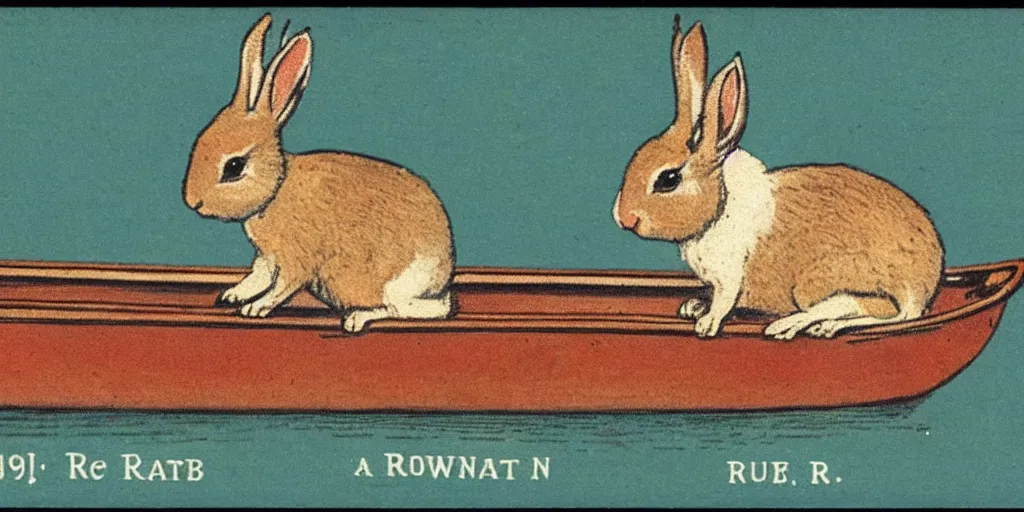 Prompt: a 1 9 1 0 s postcard representing a rabbit in a rowboat