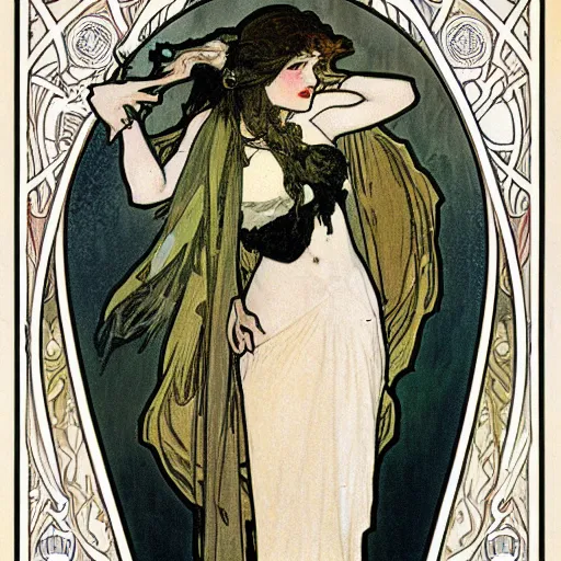 Prompt: Illustration by Alphonse Mucha of a female vampire