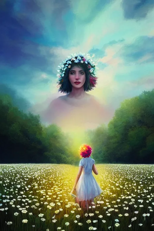 Prompt: giant white daisy flower crown head, veil girl walking in a flower field, surreal photography, sunrise, dramatic light, impressionist painting, colorful clouds, digital painting, artstation, simon stalenhag