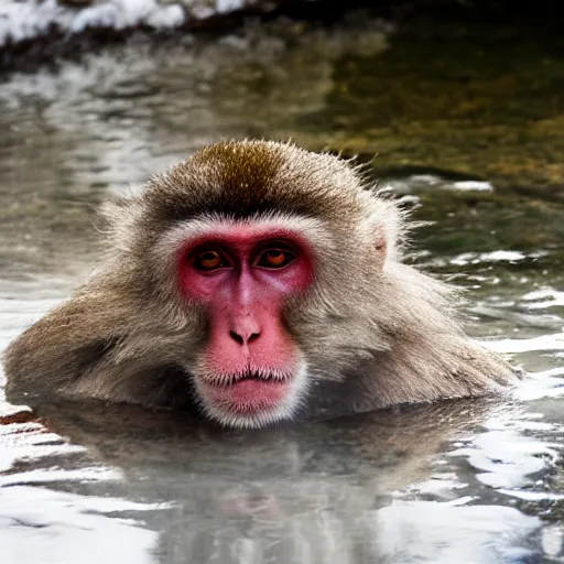 Prompt: japanese macaque bathing in a hot spring, winter, nature photography