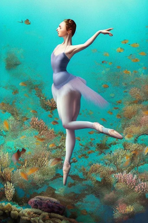 Image similar to ballerina alone at the bottom of the great barrier reef by jaques cousteau, digital art, smooth, focus, highly detailed, hyper realistic, intricate, art by wlop