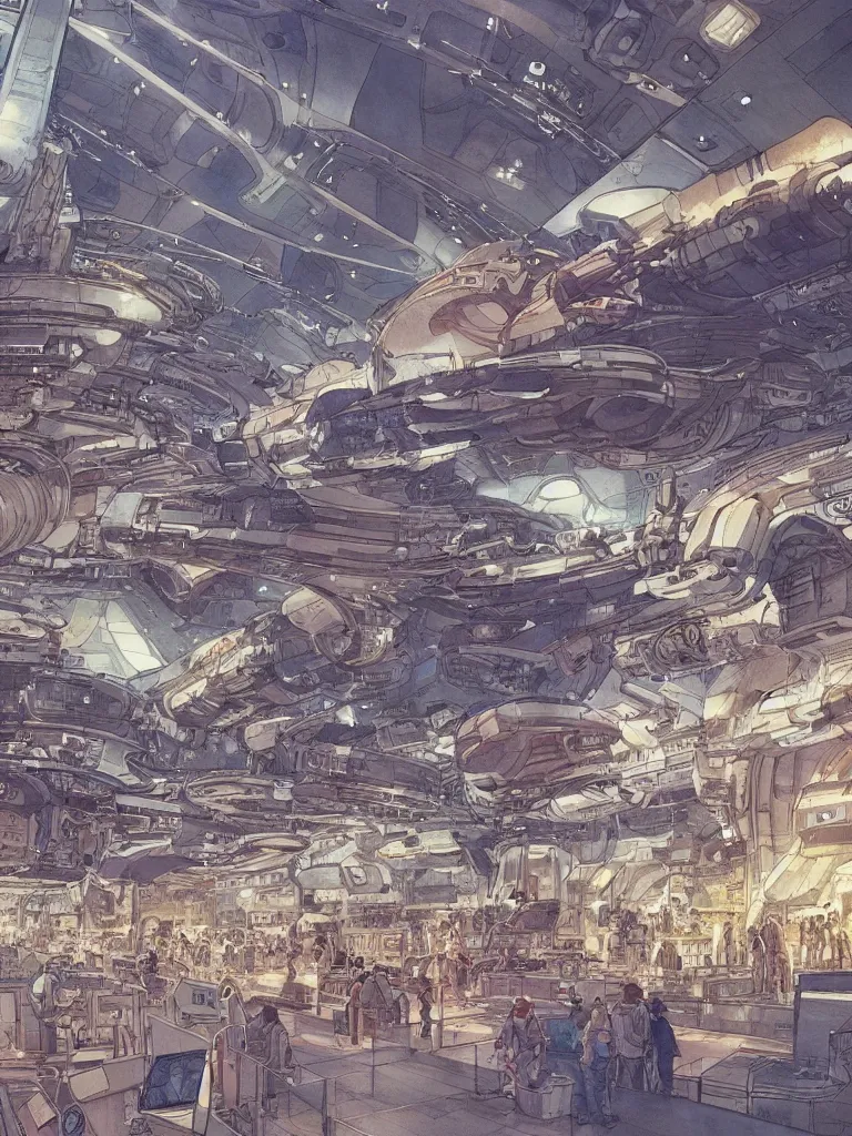 Prompt: interior of a busy spaceport, intricate watercolor and ink artwork by moebius. trending on artstation, very coherent symmetrical artwork. cinematic, hyper realism, high detail