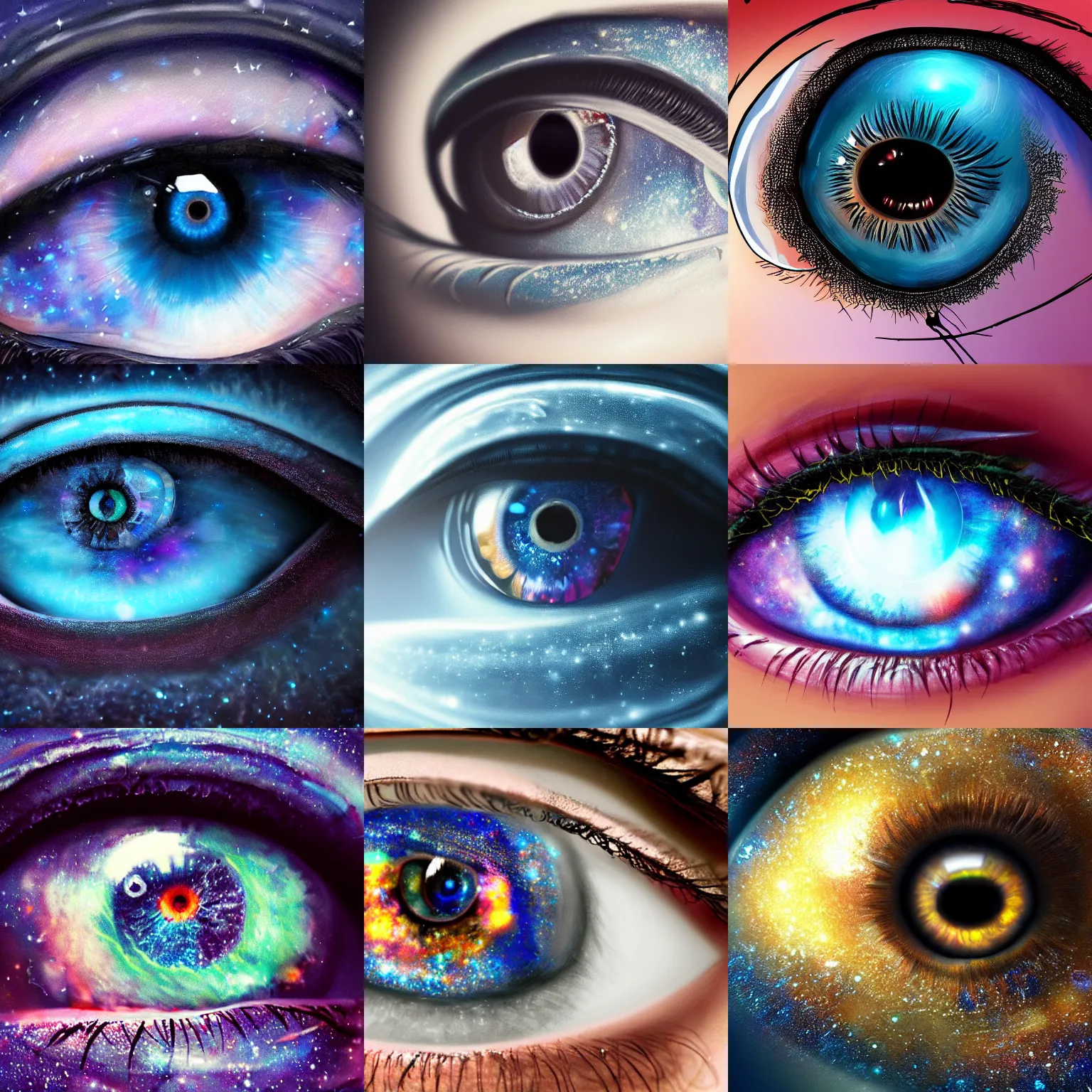 Prompt: a galaxy inside of an eye, beautiful eye, eye, eye of a woman, realistic eye, ultra realistic, beautiful eye, digital art, trending on artstation