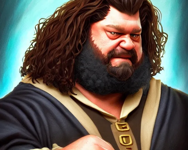 Image similar to hagrid as a wwf hasbro wrestling figure, deep focus, d & d, fantasy, intricate, elegant, highly detailed, digital painting, artstation, concept art, matte, sharp focus, illustration, hearthstone, art by artgerm and greg rutkowski and alphonse mucha