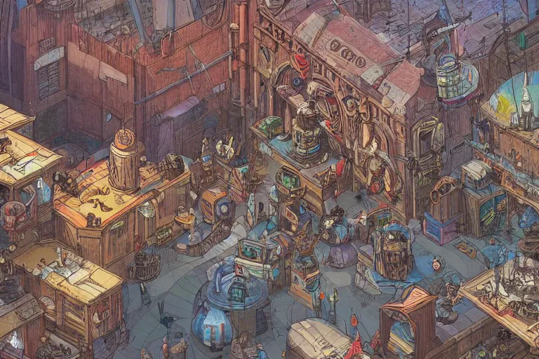 Prompt: a colorful medieval marketplace, Industrial Scifi, detailed illustration, character design, intricate, by Martin Grip and Moebius