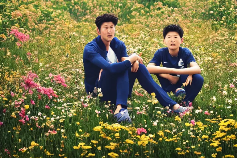 Prompt: beautiful anime harry kane and son heung-min sitting in a field full of flowers, highly detailed, realistic, dynamic lighting, cinematic, masterpiece, trending on artstation,