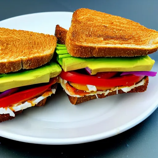 Image similar to sandwich with fried tofu, one red tomato slice, mayo, onion, avocado, melted cheddar, in a red dish, background with saturn and stars in the sky