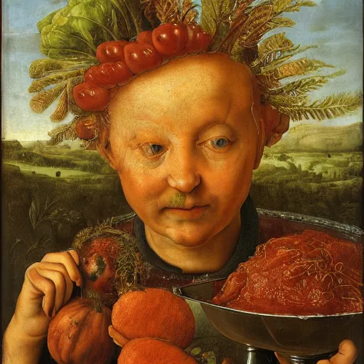 Image similar to a boy sitting in a tub full of tomato sauce, a lot of cabbage, by giuseppe arcimboldo and ambrosius benson, renaissance, portrait, fruit, detailed oil paint, high definition