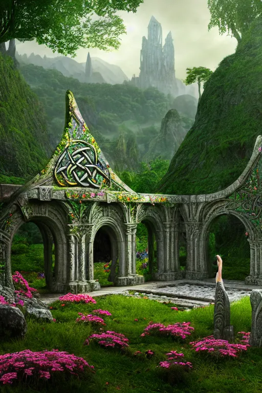 Image similar to photography of a hyper realistic lost celtic elven temple in a magical fantasy garden, lake, colorful flowers, epic scale, insanely complex, hyperdetailed, sharp focus, hyper realism, artstation, cgsociety, 8 k, bright colors, by takato yamamoto caspar friedrich, albert bierstadt, james gurney, unreal engine 5