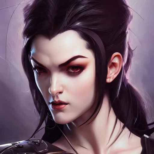 Image similar to dark fantasy character portrait of Widowmaker from Overwatch, intricate, wild, highly detailed, digital painting, artstation, upper body, concept art, smooth, sharp focus, illustration, art by artgerm and greg rutkowski and alphonse mucha